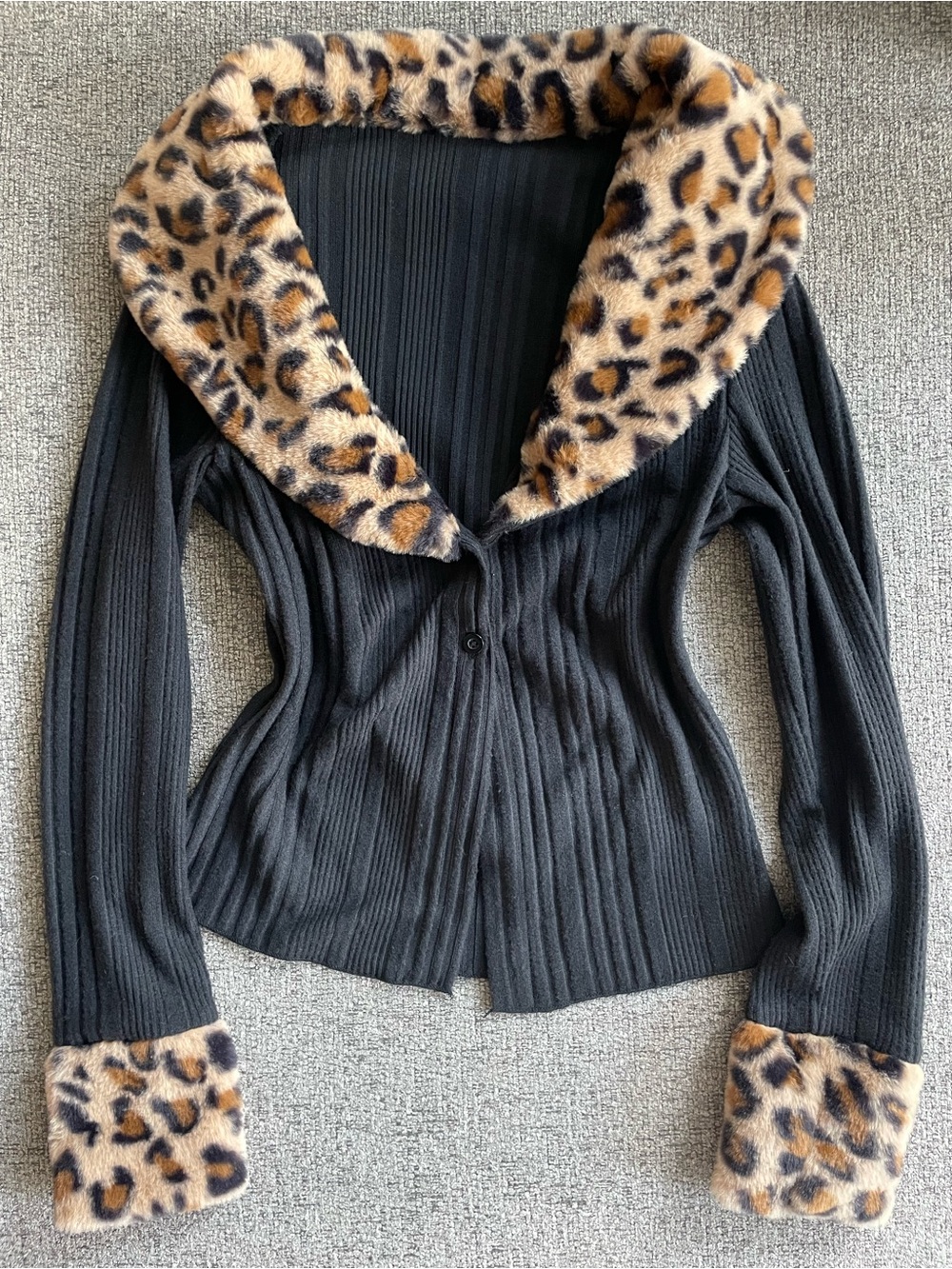 Amazon Black Ribbed Cardigan with Leopard Faux-Fur Collar & Cuffs